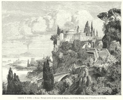 Kustlinje i Neapelbukten från den antika romerska staden Baiae, Cape Miseno, med Vesuvius i fjärran (litho) av German School