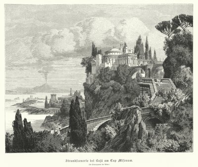 Kustlinje av Neapelbukten från den antika romerska staden Baiae, Cape Miseno, med Vesuvius i fjärran (gravyr) av German School