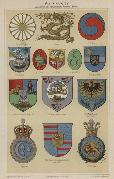 Vapensköldar från Hawaii och länder i Asien och Afrika (färg litho) av German School