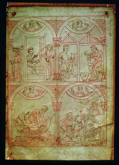 Codex 507 fol.2r Väver, skomakare, fiskare och jägare, från Renner Musterbuch, c.1208-18 av German School