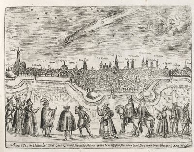Komet sett över Augsburg i slutet av november 1618, från Cometen Historia, pub. 1618 av German School