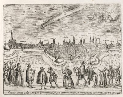 Komet sett över Augsburg slutet av november 1618, pub. 1618. av German School