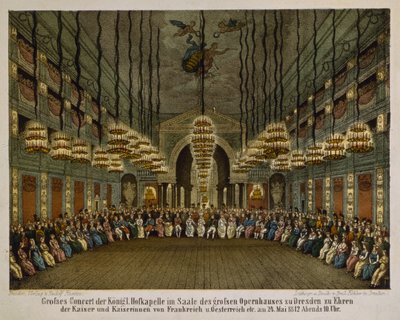 Kunglig orkesterkonsert i auditoriet i Dresdens operahus för att hedra kejsarparet, 1812 (färglitografi) av German School