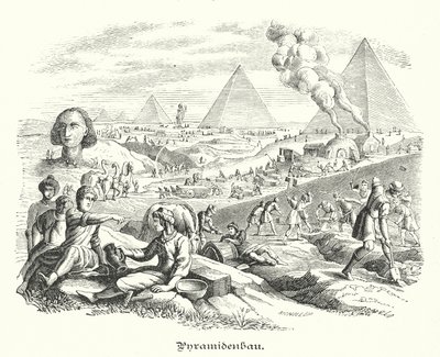 Konstruktion av pyramiderna, antika Egypten (gravyr) av German School