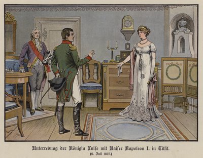 Samtal mellan drottning Louise av Preussen och kejsar Napoleon I i Tilsit, 6 juli 1807 (färg litho) av German School