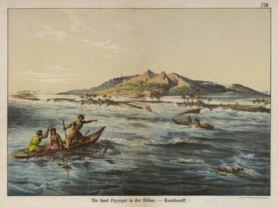 Korallrev utanför ön Puynipet (Pohnpei), Caroline Islands (färg litho) av German School