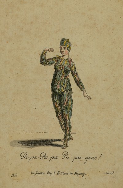 Kostymdesign för rollen som Papageno i operan Trollflöjten av Wolfgang Amadeus Mozart, publicerad i Leipzig av I. B. Klein, 1793 (färgstick) av German School