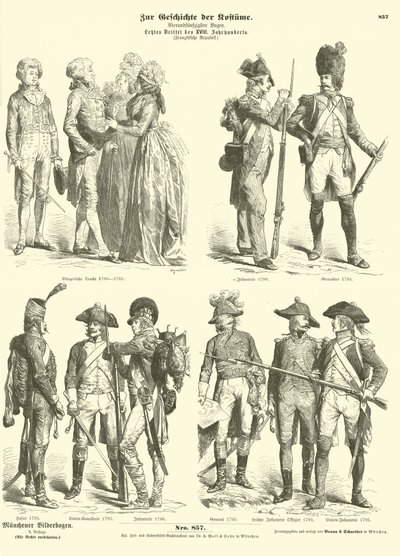 Kostymer och militäruniformer från det republikanska Frankrike, 1790-talet av German School
