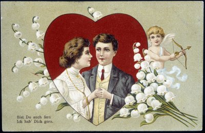 Ett par älskare i ett hjärta omgivet av liljekonvalj och Amor (Eros) - tyskt vykort, 1900-talet av German School