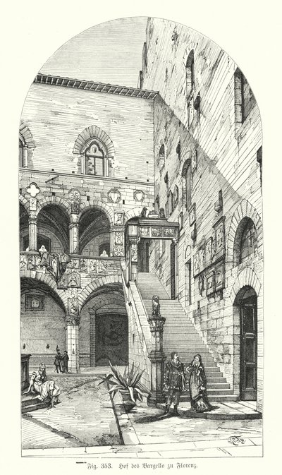 Courtyard of the Bargello, Florens, Italien (gravyr) av German School