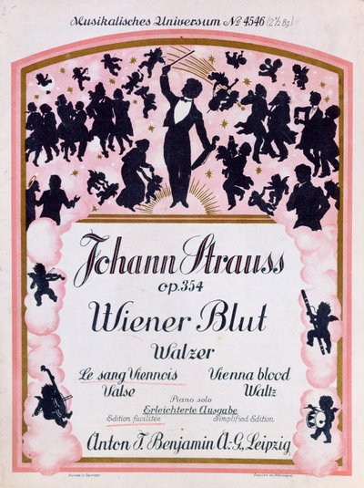 Omslag till partituren till den berömda valsen Wiener Blut op.354 av Johann Strauss II, (1825-99), 1930 av German School