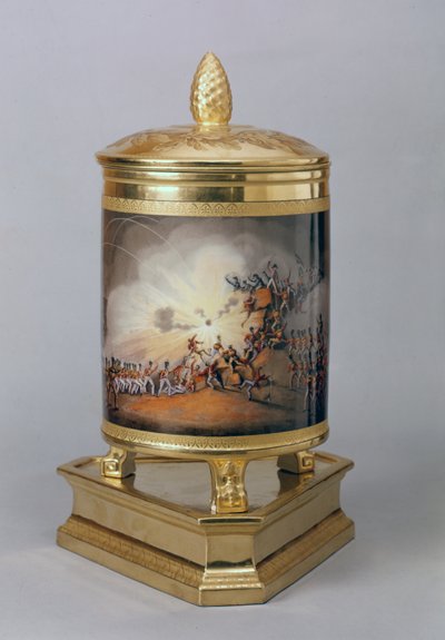 Täckt kruka föreställande stormningen av Ciudad Rodrigo, från den preussiska middagsserveringen, Berlin, 1816-19 (porslin och förgylld) av German School