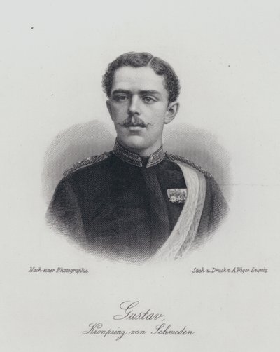 Kronprins Gustaf av Sverige, den blivande kungen Gustaf V (gravyr) av German School