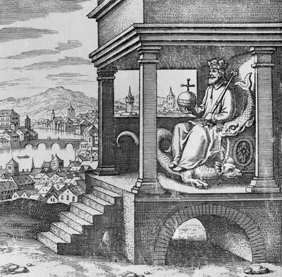 Krönt kung på tronen från Musaeum Hermeticum av German School