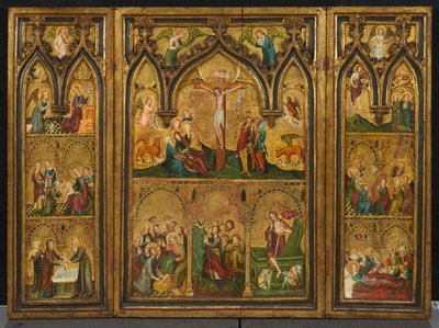 Crucifixion triptyk (tidigare känd som Estouteville Triptych), c.1374 (tempera på panel) av German School