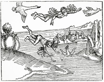 Daedalus, som flyr från Kreta med sin son, Ikaros, ser honom falla till sin död, 1493 (träsnitt) av German School