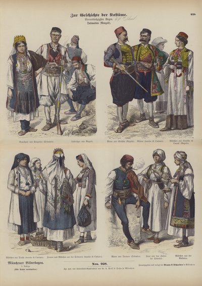 Dalmatiska dräkter, sent 1800-tal (färgad gravyr) av German School