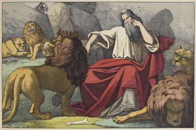 Daniel i lejonhålan, illustration från LAncien Testament, utgiven av Jakob Ferdinand Schreiber, Esslingen (färgstick) av German School
