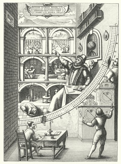 Danske astronomen Tycho Brahes väggmålningskvadrant i sitt observatorium i Uraniborg, Hven, Danmark av German School