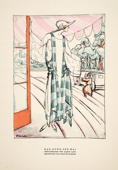 "Das Auto Ist Da!", reklam för klänning av Marie Latz, ur Styl, utg.1922 (pochoirtryck) av German School