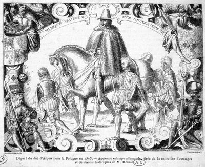 Hertigen av Anjous avresa till Polen 1573 (vald till kung av Polen, han kommer att ta sin krona i besittning) - Ett gammalt tyskt tryck från samlingen av tryck och historiska teckningar av Herr Hennin. av German School