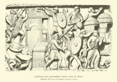 Förstörelse av en germansk by av romerska soldater (gravyr) av German School