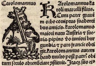 Detalj från ett original incunabelt blad, föreställande Karl den Store (742-814) före 1500 (se även 237071) av German School
