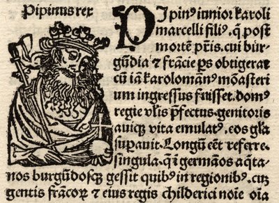 Detalj från originalet incunabelt blad, föreställande Pepin I (803-38) före 1500 (se även 237070) av German School