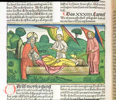 Femte Mosebok 34 Moses död, från Nürnbergbibeln (Biblia Sacra Germanaica) (färgat träsnitt) av German School