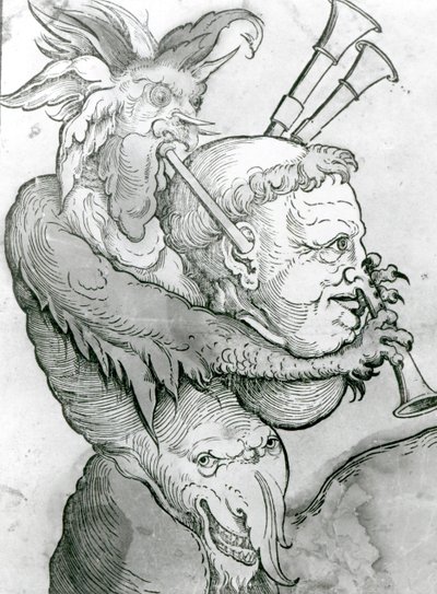 Devil Playing Mans Head as Bagpipes, 1144 (träsnitt) av German School