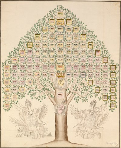 Diagram över de 97 stationerna för regementena som utgjorde den kungliga preussiska armén, 1756 (penna, bläck och wc på papper) av German School