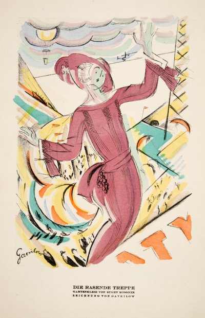 "Die Rasende Treppe", annons för klänning av Eugen Mossner, ur Styl, utg.1922 (pochoirtryck) av German School