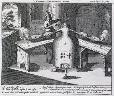 Destillering av salpetersyra (Aqua fortis eller avskiljande syra) i en järnman med två näsor av German School