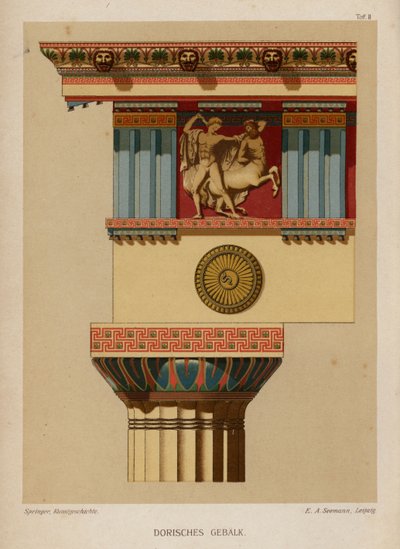 Dorisk entablatur, antik grekisk arkitektur (färg litho) av German School