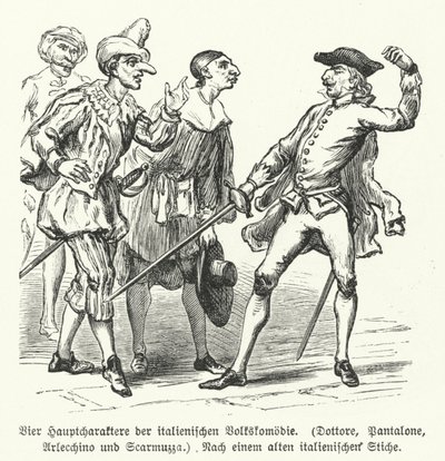 Doctor, Pantalone, Arlecchino och Scaramuccia, fyra karaktärer från Commedia dell