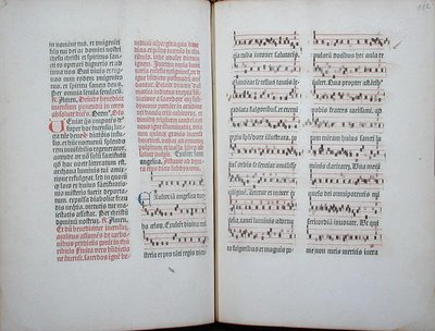 Dubbelsida med en vanlig sång hämtad från ett inkunabulum, från Missale Romanum, c.1482 (vellum) av German School