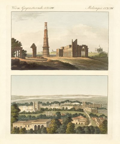 Ostindiska byggnader (färgad gravyr) av German School