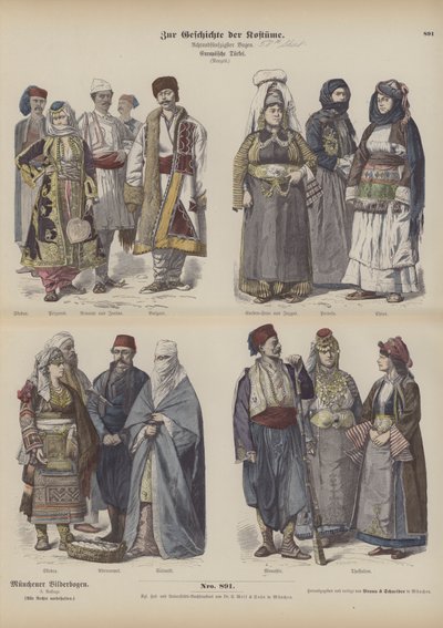 Östeuropeiska kostymer (färgad gravyr) av German School