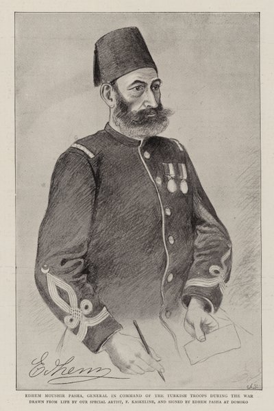 Edhem Moushir Pasha, befälhavare över de turkiska trupperna under kriget (litho) av German School