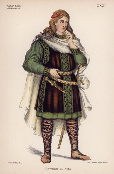 Edmund, från Shakespeares King Lear (färg litho) av German School