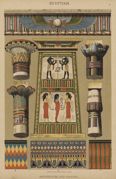 Egyptiska, arkitektur och måleri (färg litho) av German School