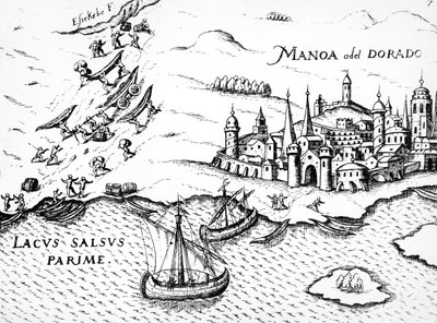Eldorado, illustration från Regni Guianae, av G. Raleigh, 1594-96 av German School
