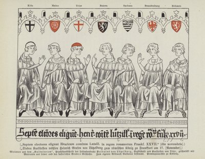 Val av Henrik VII av Luxemburg till helig romersk kejsare, Frankfurt, 27 november 1308 (färg litho) av German School