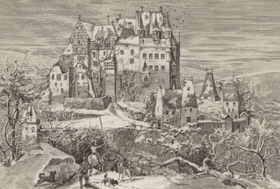 Eltz slott, i kullarna ovanför Moselfloden, Tyskland, som det såg ut i slutet av 1500-talet (litho) av German School