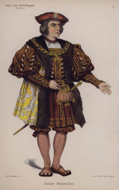 Kejsar Maximilian, från Gotz von Berlichingen av Goethe (färg litho) av German School