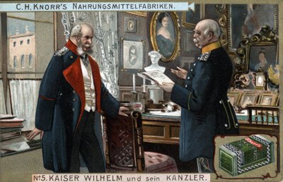 Kejsar Vilhelm I av Tyskland och Preussen (1797-1888) och förbundskansler Otto von Bismarck (1815-1898) diskuterar politiska frågor. Kromolitografi, sent 1800-tal. av German School