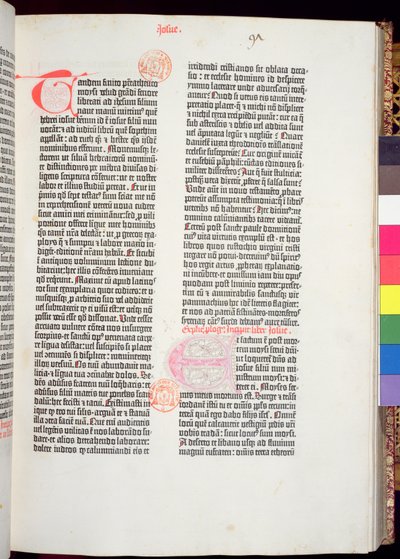 Slutet av Pentateuchen och början av Joshuas bok, från Gutenbergbibeln, tryckt av Johannes Gutenberg (ca 1400-68) & och Peter Schoeffer (1425-1502) i Mainz, 1454-56 (tryckt papper) av German School