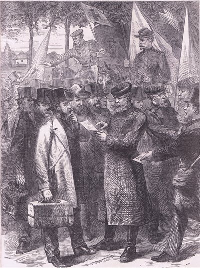 Engelska invånare som lämnar Paris, Cassells historia om kriget mellan Frankrike och Tyskland publicerad av Cassell and Company Limited, ca 1890 (litho) av German School