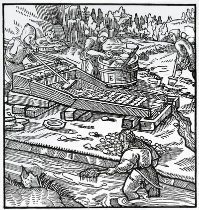 Gravyr från De re metallica (Om metallers natur), av Georg Pawer eller Georgius Agricola (1494-1555) av German School