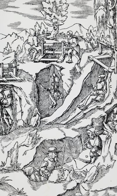 Gravyr från De re metallica (Om metallernas natur), av Georg Pawer eller Georgius Agricola (1494-1555), publicerad i Basel av German School